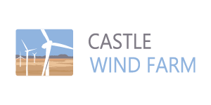 Logo of Castle Wind Farm with wind turbines and a landscape background.