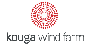 Logo of Kouga Wind Farm, featuring a red circular pattern above the text 'Kouga Wind Farm'.