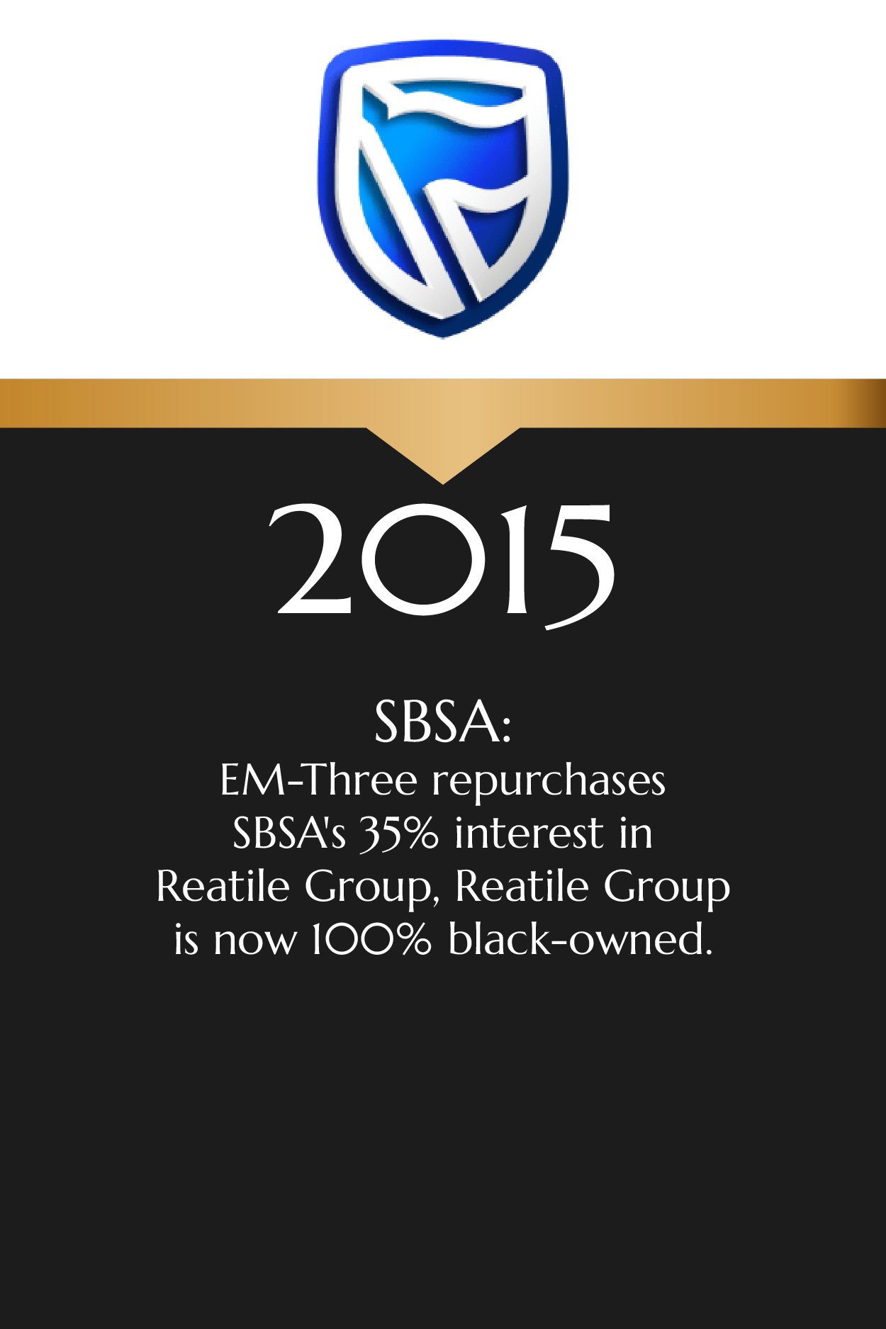 Image featuring a logo at the top, with the year 2015 and text about a business transaction involving share purchases, interest, and ownership of a group, on a black background with a gold accent.