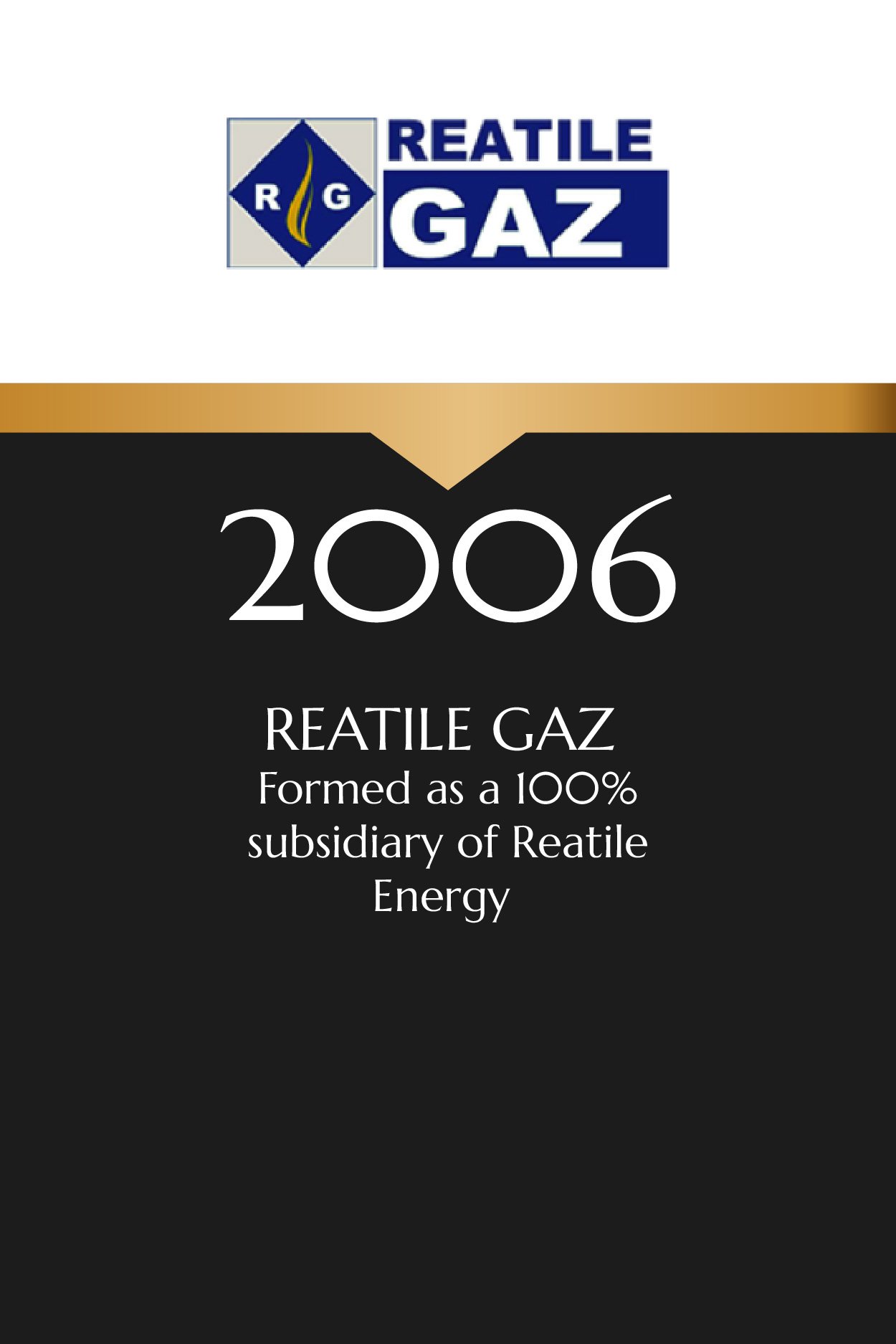 Reatile Gaz logo at the top, followed by the year 2006 and text stating Reatile Gaz was formed as a 100% subsidiary of Reatile Energy.
