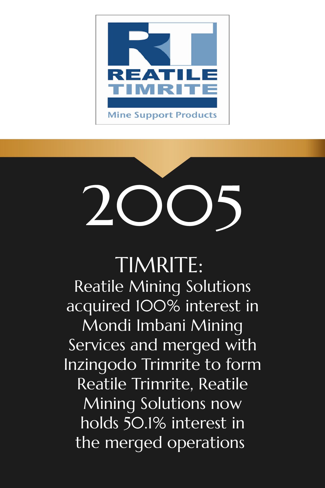 A 2005 reorganization announcement featuring the Reatile Timrite logo, with details of Reatile Mining Solutions acquiring full interest in Mondi Imbani Mining Services and merging with Inzingodo Trimitre to form Reatile Trimitre, which now holds 50.1