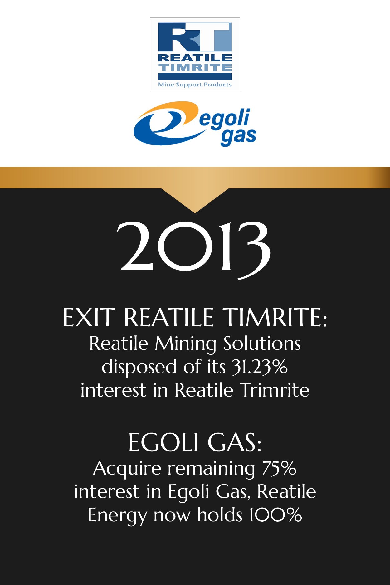 A financial summary report cover page from 2013 for Reatile Timrite and Egoli Gas, showing their logos and details about the sale of Reatile Mining Solutions' interest in Reatile Trimitre and the acquisition of remaining interest by Egoli Gas.