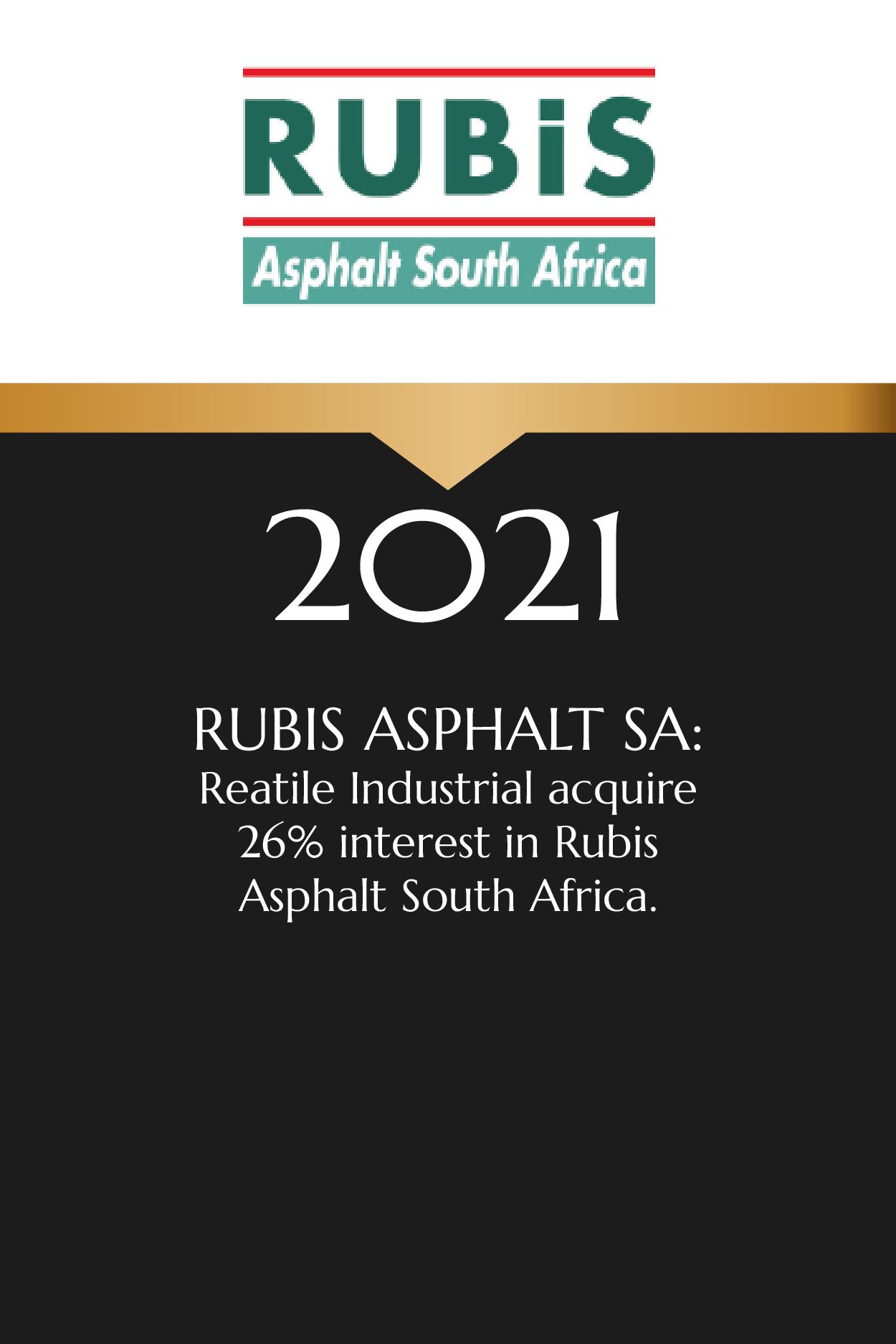 Cover of a report titled 'Rubis Asphalt South Africa 2021' with the Rubis logo at the top, featuring a white background, green and red text, and a black section with white text detailing the acquisition of 26% interest in Rubis Asphalt South Africa.