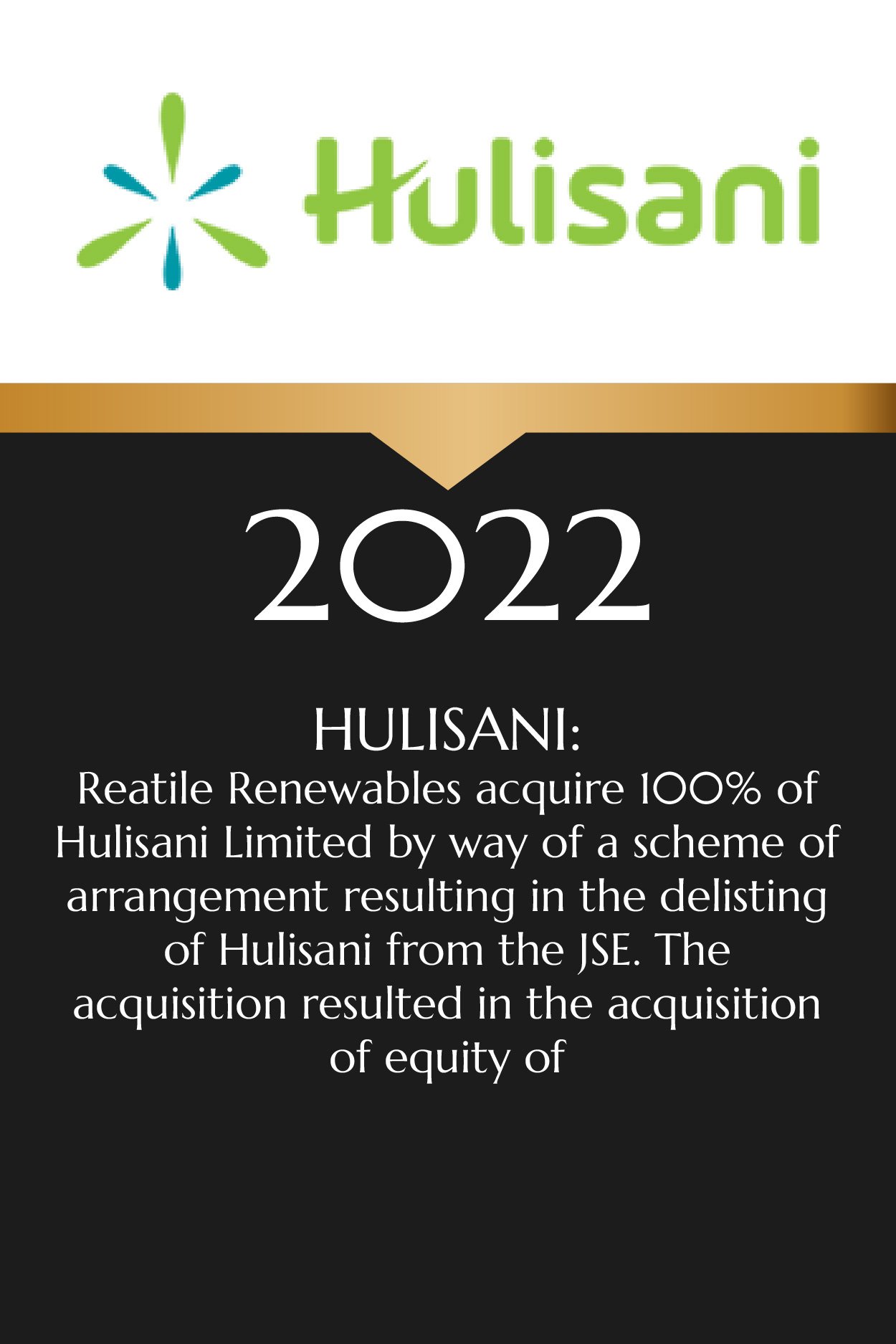 Hulisani 2022 achievement announcement, with logo, black background, and white text.