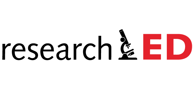 The image displays the logo for 'researchED' with the word 'research' in black lowercase letters, a microscope icon, and 'ED' in red uppercase letters.