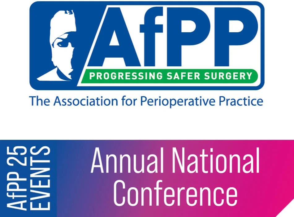 Logo of the Association for Perioperative Practice (APP) with the tagline 'Progressing Safer Surgery' and text about the 25th APP Events Annual National Conference.