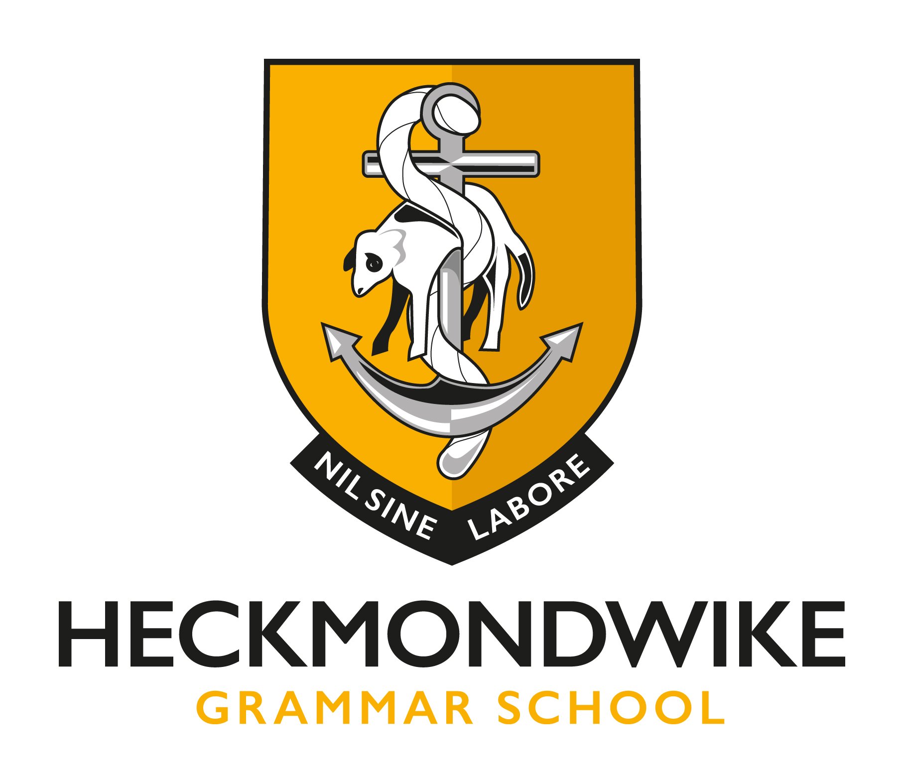 Logo of Heckmondwike Grammar School featuring a shield with an anchor, a lamb, and a white ribbon, with the school name and motto 'Nil Sine Labore'.