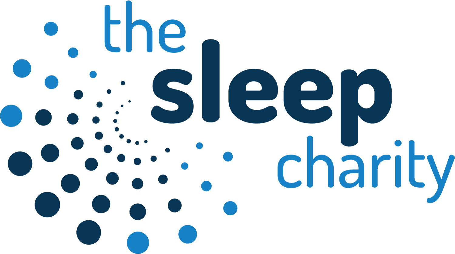 Logo for the Sleep Charity featuring blue dots forming a spiral with the text 'the sleep charity' in blue.