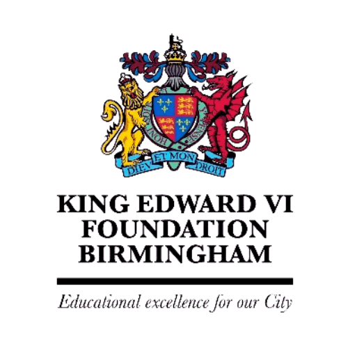 The emblem of the King Edward VI Foundation Birmingham with coat of arms and motto, along with the text 'King Edward VI Foundation Birmingham' and 'Educational excellence for our city'.