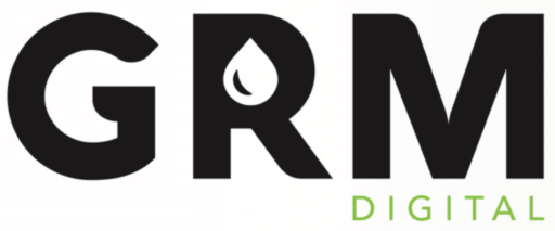 The logo for RRM Digital with bold black letters and a droplet icon inside the letter R.