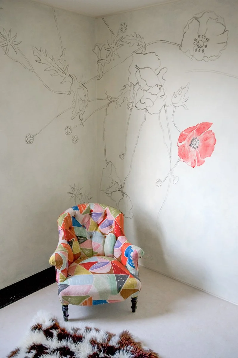 wild flower sketch style kids mural bedroom interior with chair