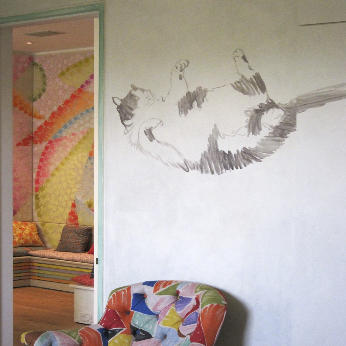 detail kids mural with painted cat bedroom interior with chair