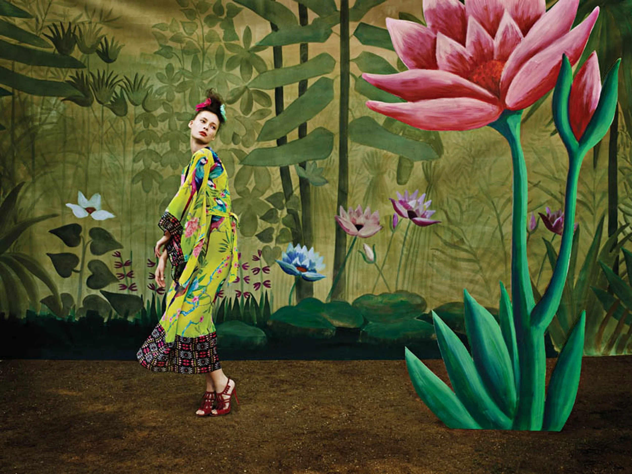 Vibrant patterns inspired by painter Henri Rousseau, jungle-themed. whimsical and bohemian aesthetic, with models posing against lush, theatrical backdrops featuring oversized flowers.