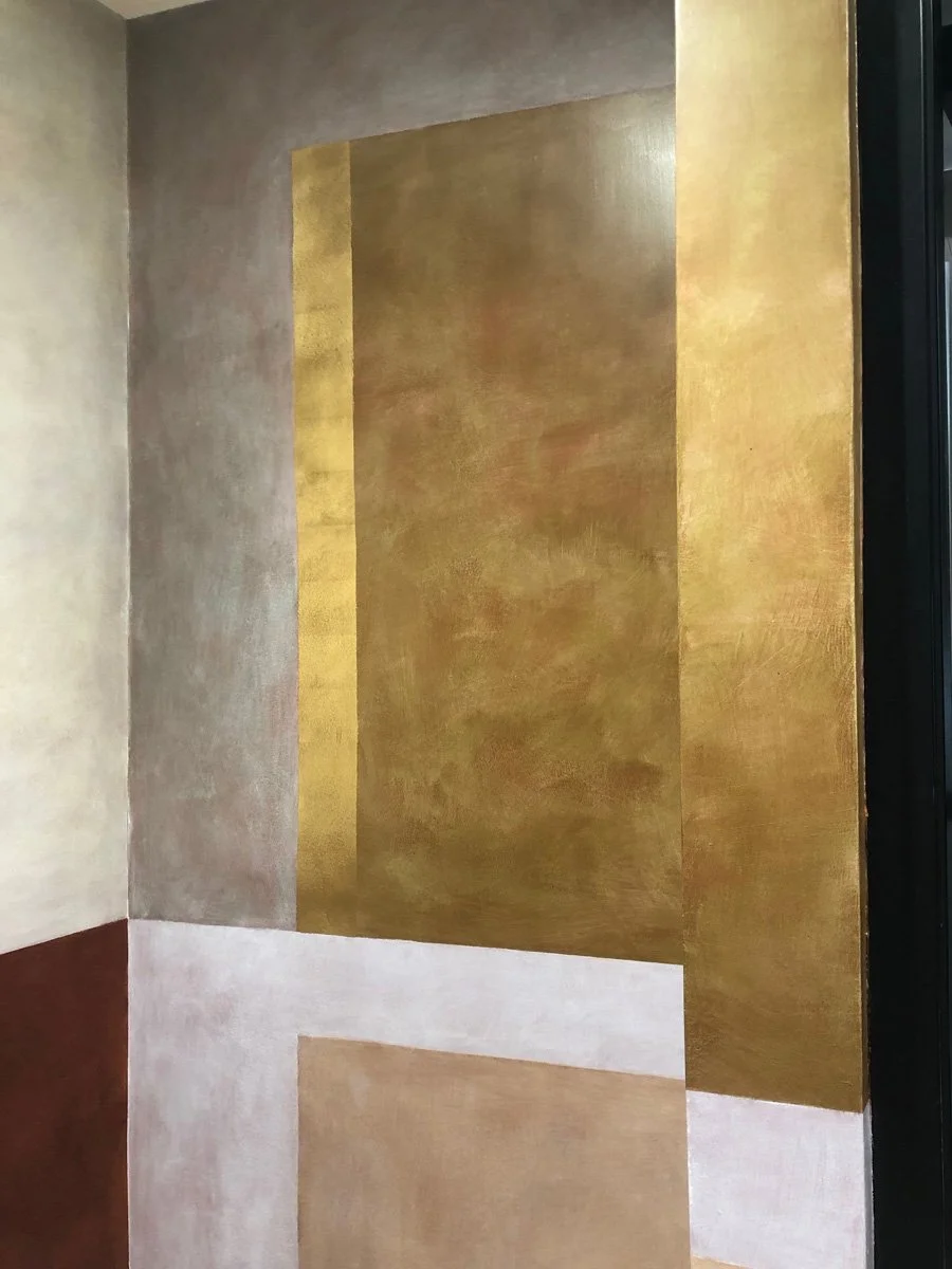 detail abstract colour blocking mural with gold leaf ubuntu lounge conduit club