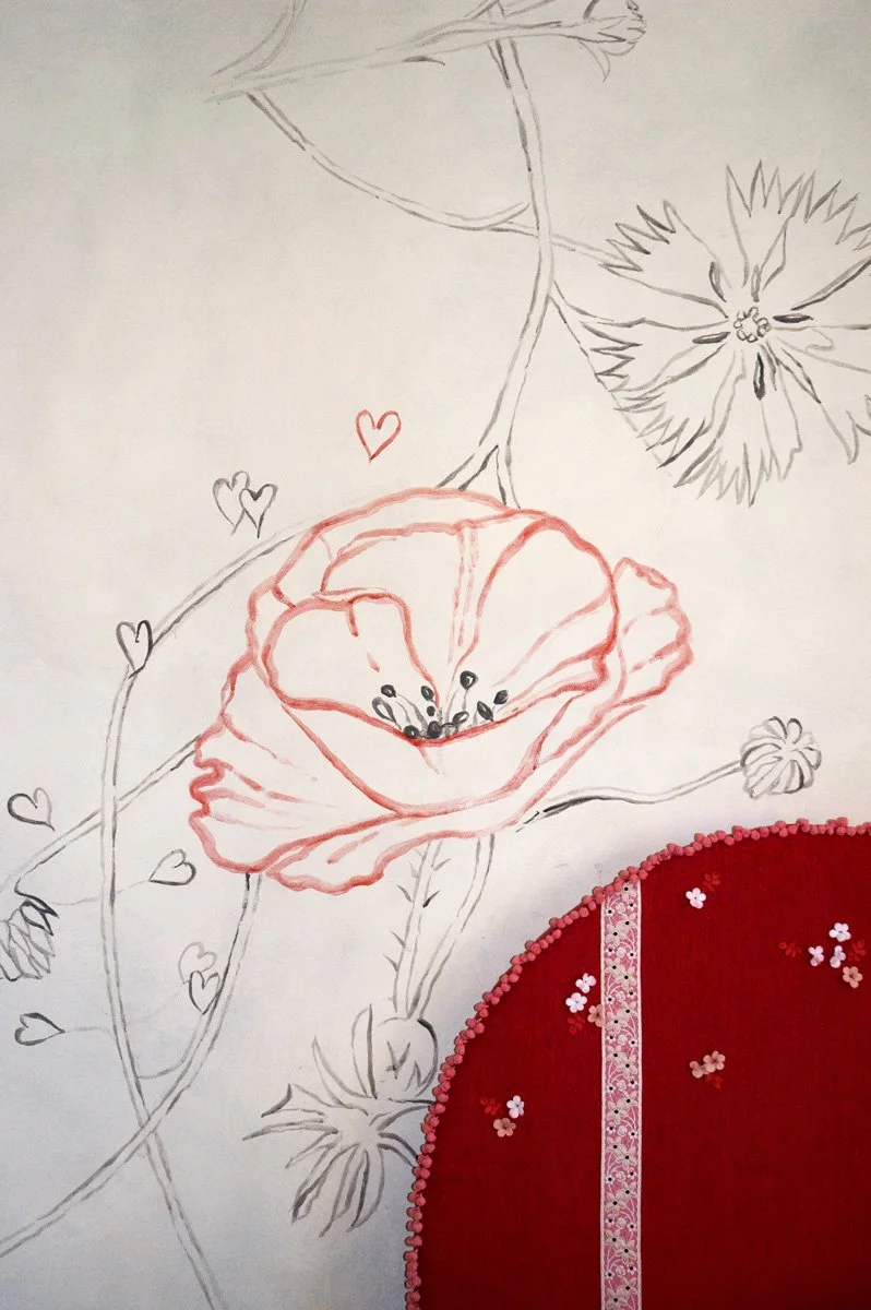 detail wild flower sketch style kids mural bedroom interior