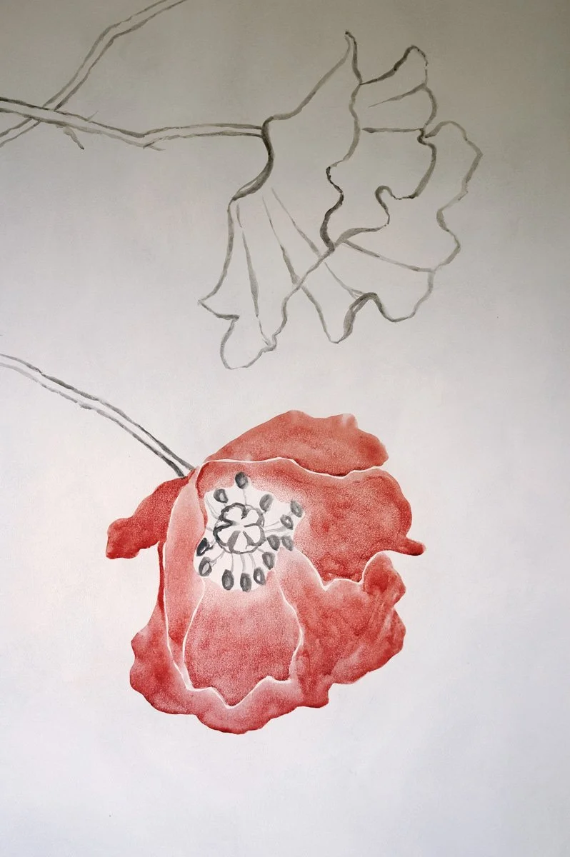 detail wild flower sketch style kids mural bedroom interior