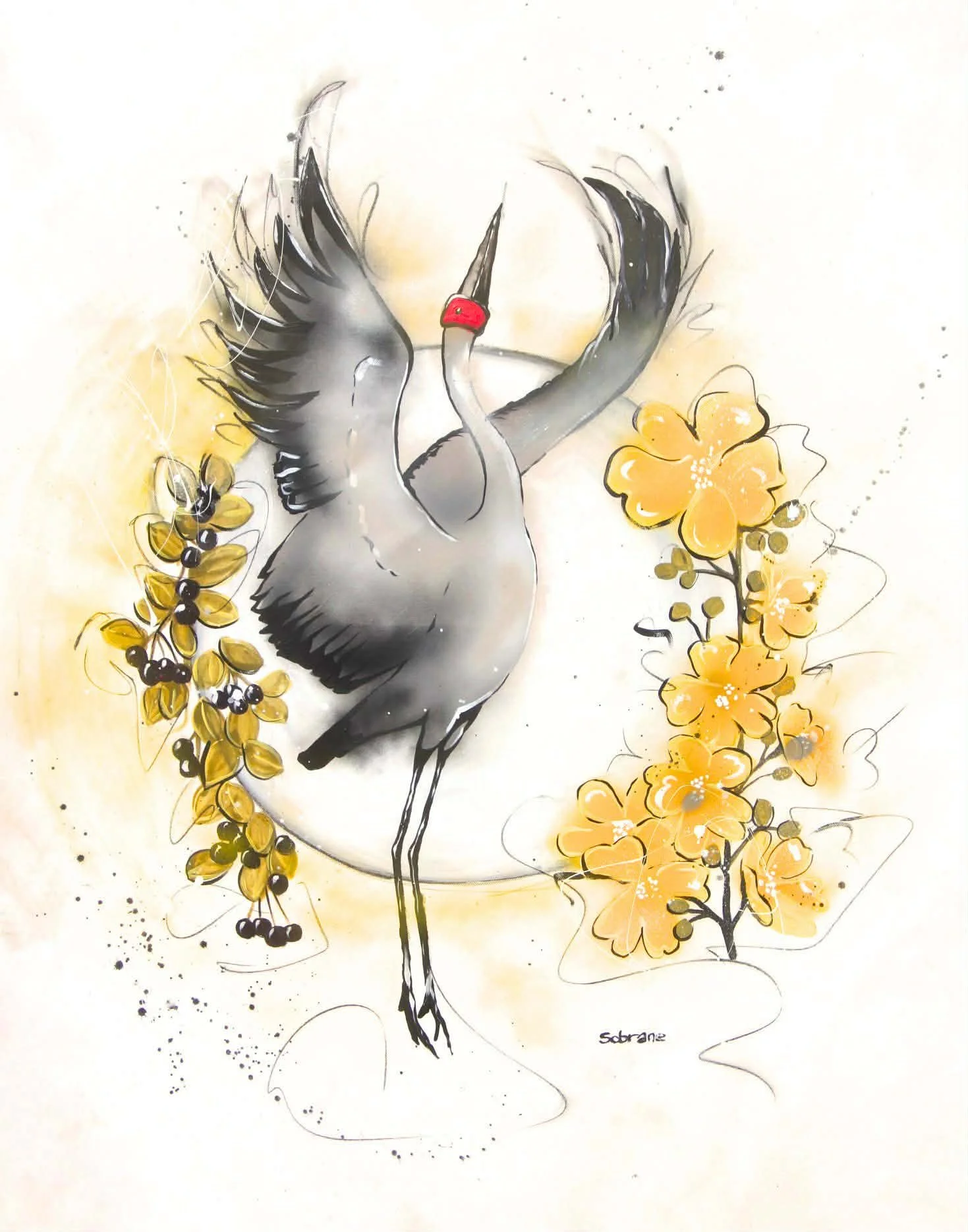Brolga in white Sun, bush berries and Kapok flowers