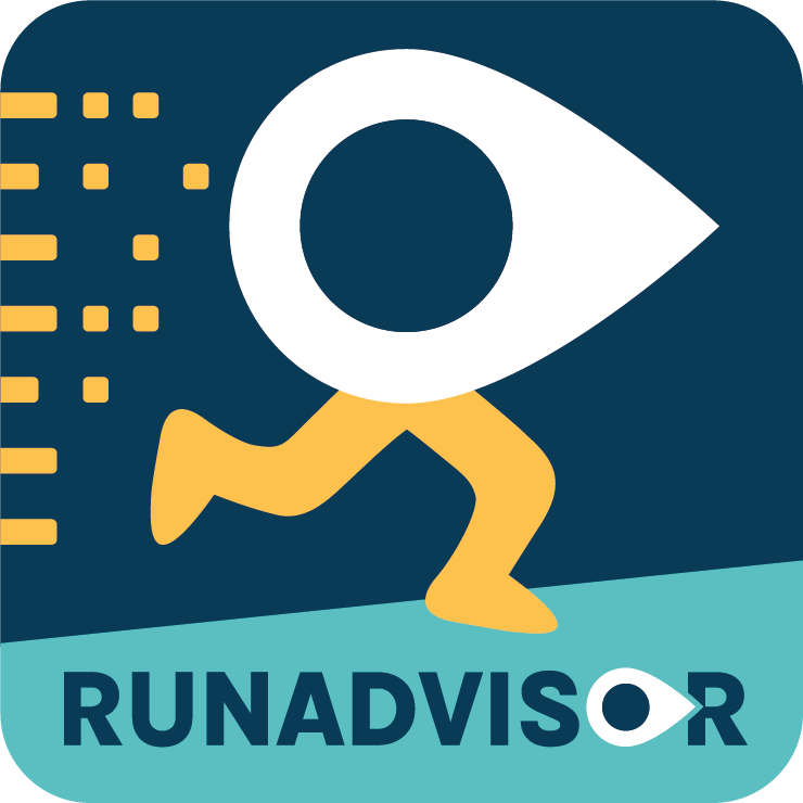 Logo de RunAdvisor avec une illustration d'un personnage avec une tête en forme d'œil, en train de courir, sur un fond bleu et turquoise.