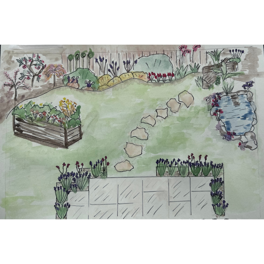 Hand-drawn garden scene with a pond, flowers, rocks, and a cabin-like structure, with stepping stones leading across a grassy area.