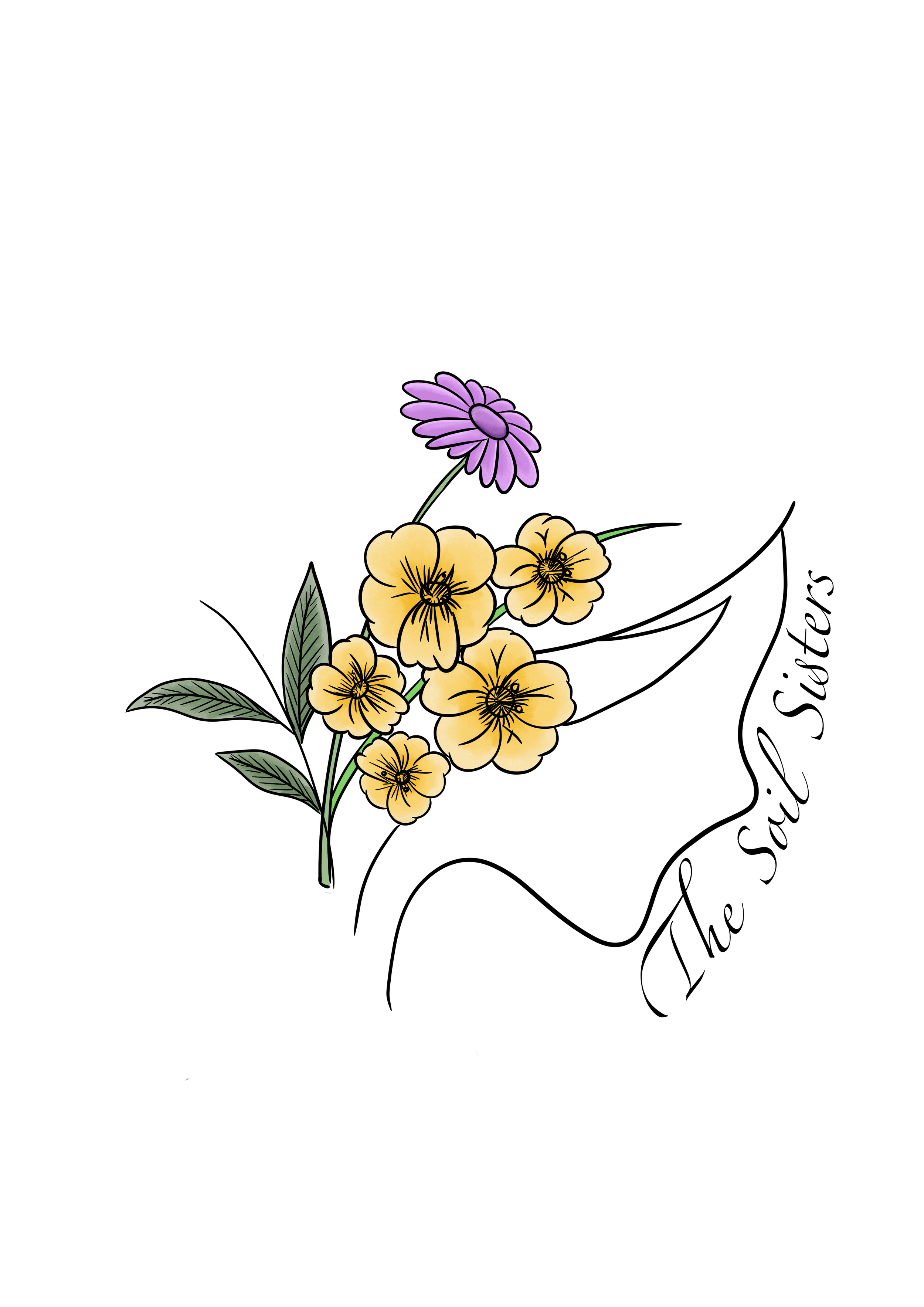 Illustration of a small bouquet of yellow and purple flowers with green leaves, set against a black background.