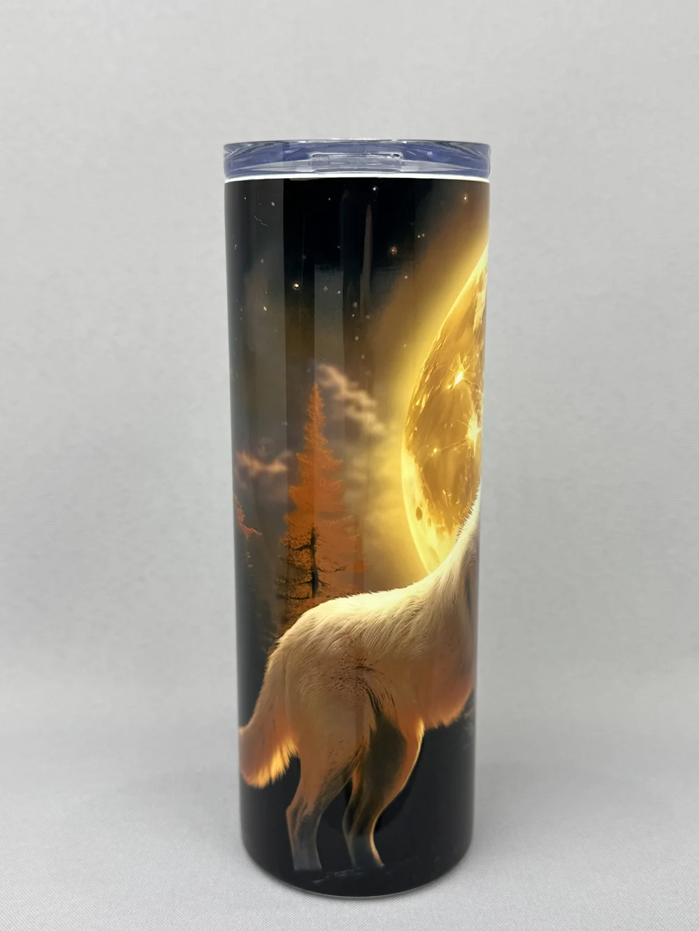 Wolf Tumbler 20 oz – Howling White Wolf Golden Moon – Insulated