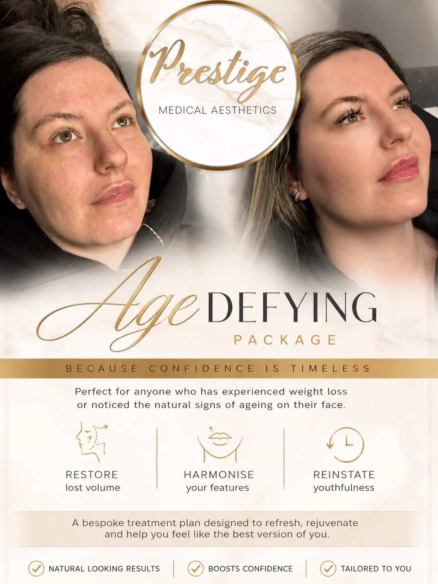 Weight loss and the natural ageing process can often leave the face looking hollow, tired, or lacking the volume it once had.

Our Age Defying Package has been carefully designed to restore lost volume, harmonise your natural features, and create a f