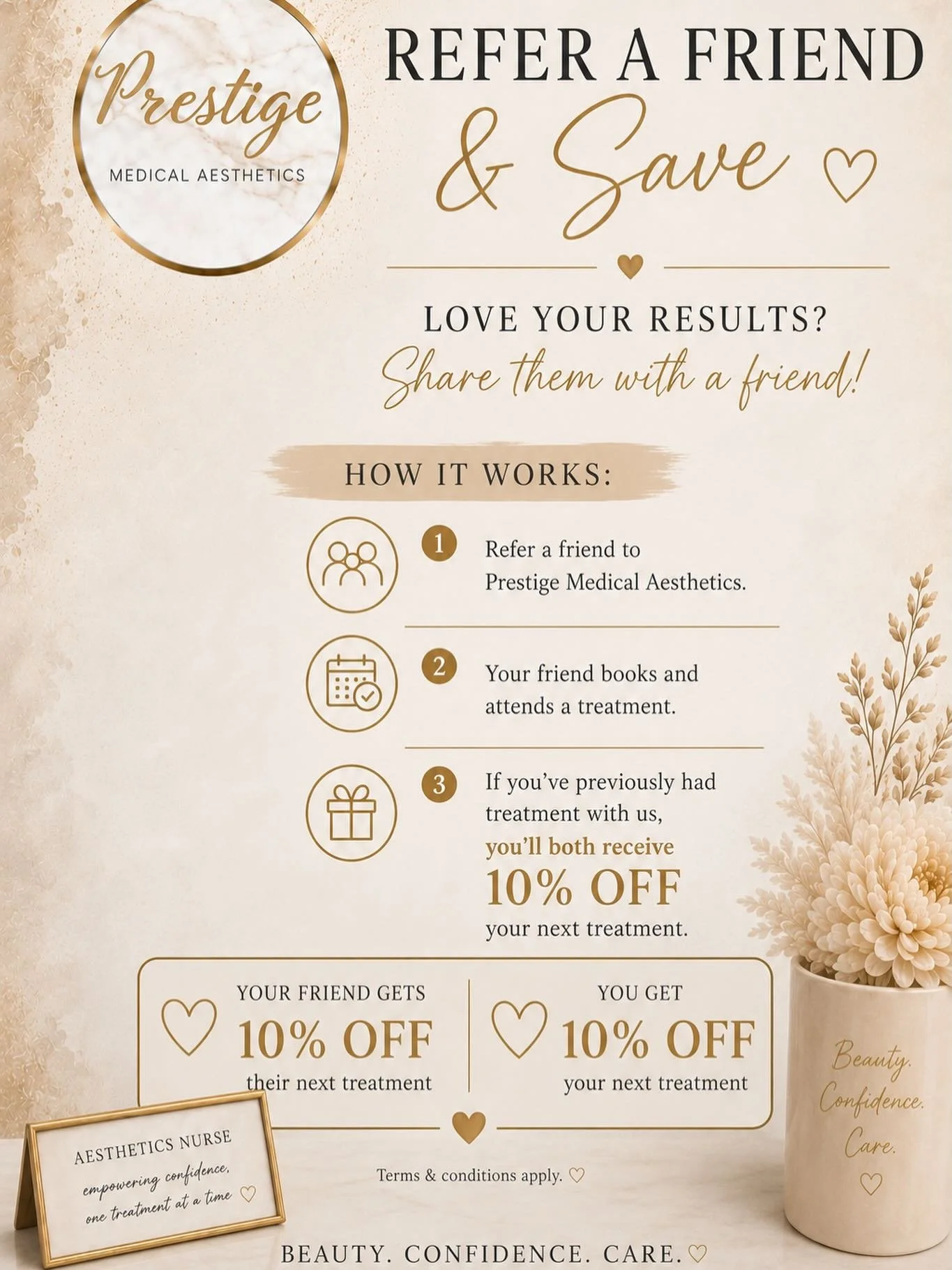 REFER A FRIEND &amp; SAVE 🤍

Love your results? Share them with a friend!

1. Refer a friend to Prestige Medical Aesthetics.
2. Your friend books and attends a treatment.
3. If you&rsquo;ve previously had treatment with us, you&rsquo;ll both receive