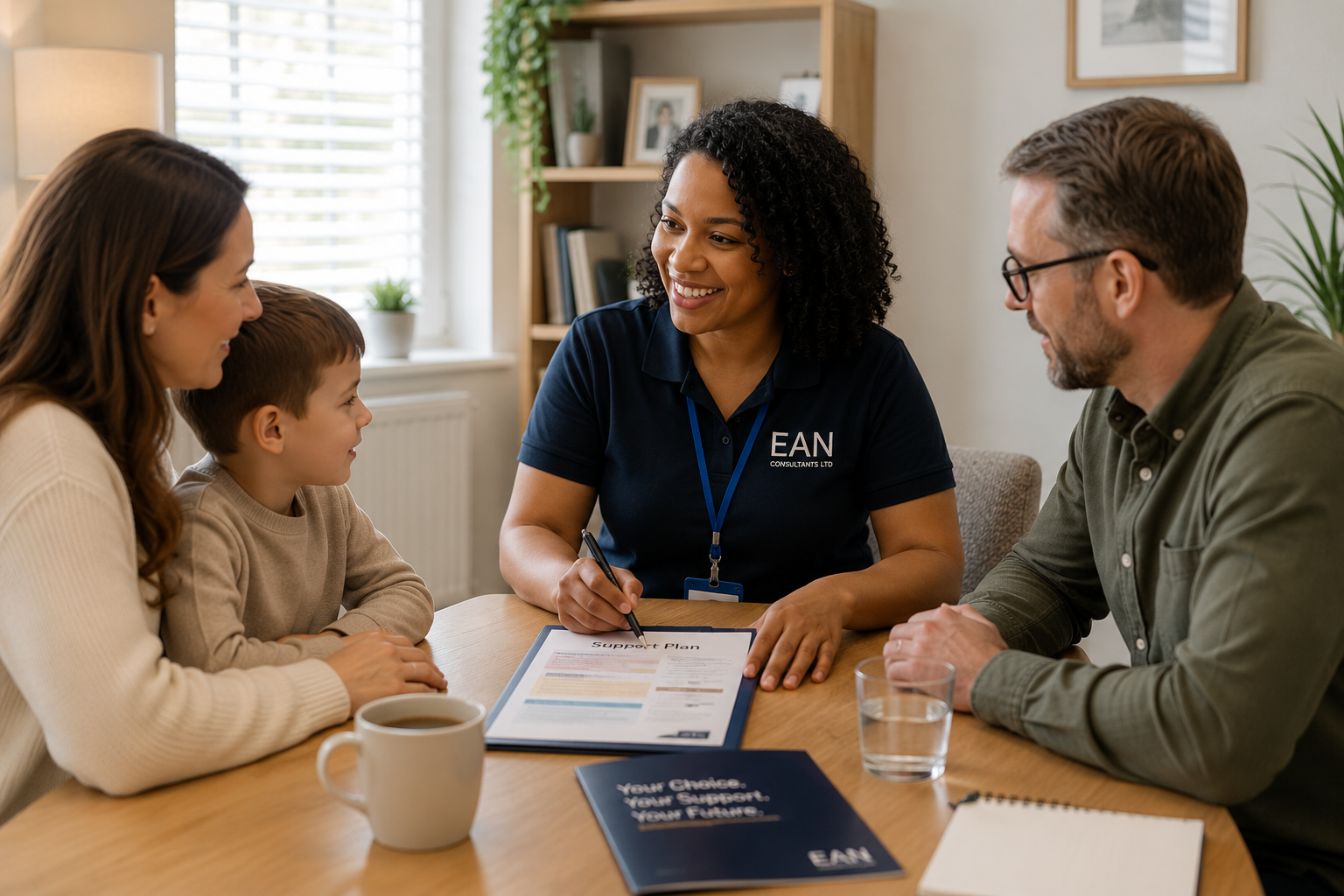 A family of four sitting at a table having a discussion with a woman, likely a counselor or advisor, who is showing them a support plan. The woman is wearing a navy blue polo shirt with 'EAN Consultants Ltd' on it. The family includes a woman, a young boy, and a man, all engaged in conversation with her.