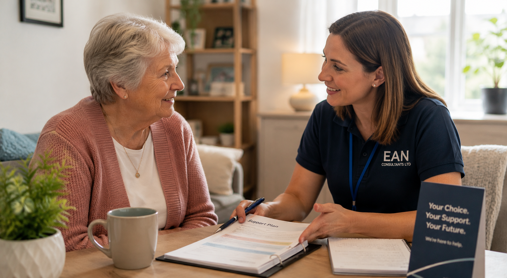 A woman with shoulder-length brown hair in a navy blue polo shirt talking to an elderly woman with short white hair and a pink cardigan, with a support plan booklet open on the table between them. They are in a well-lit room with a window, houseplants, and framed pictures.