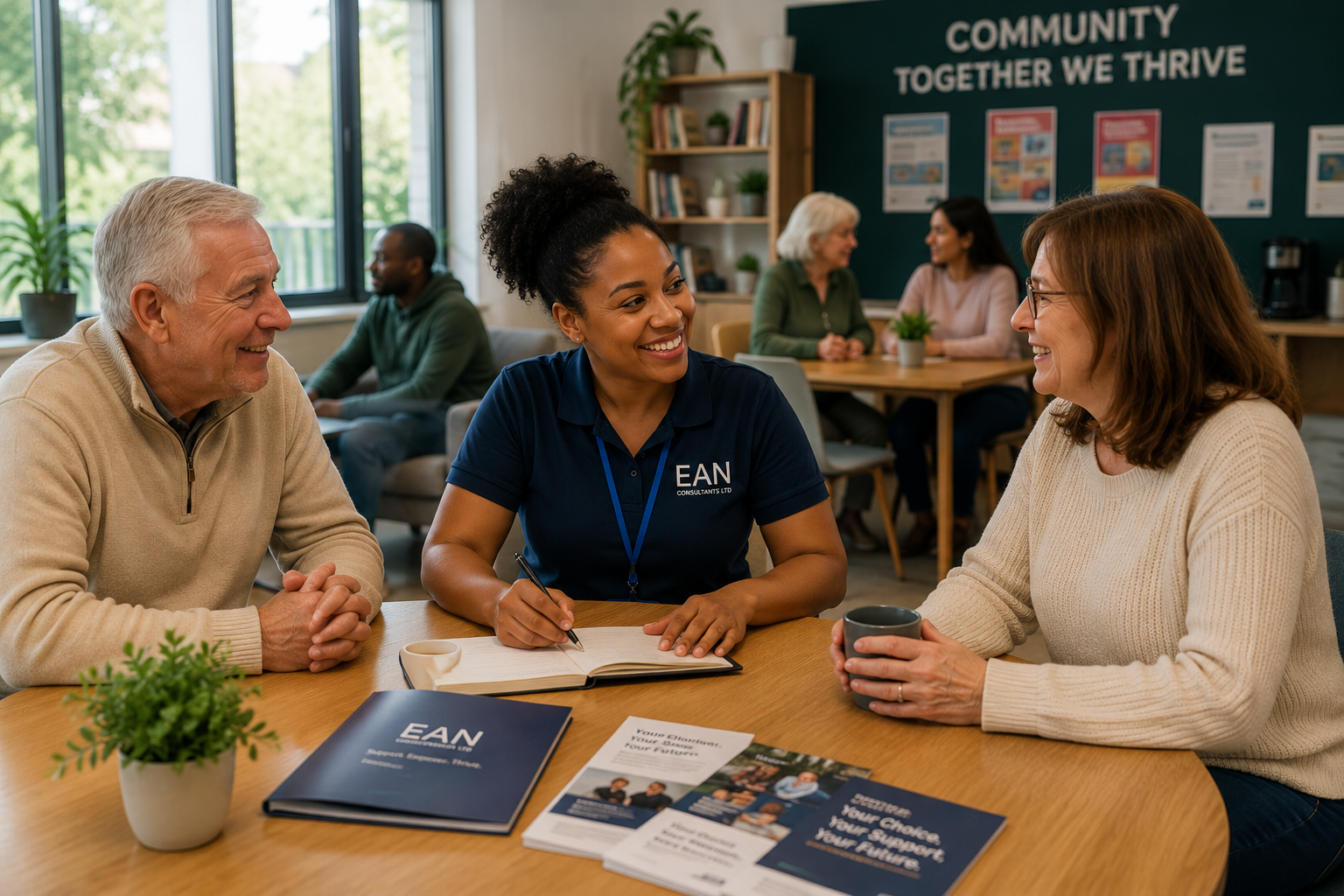 Three people sitting at a round table, smiling and talking, with pamphlets, a notebook, and a mug on the table; in the background, other groups engaged in conversation, with a banner reading 'Community Together We Thrive' on the wall.