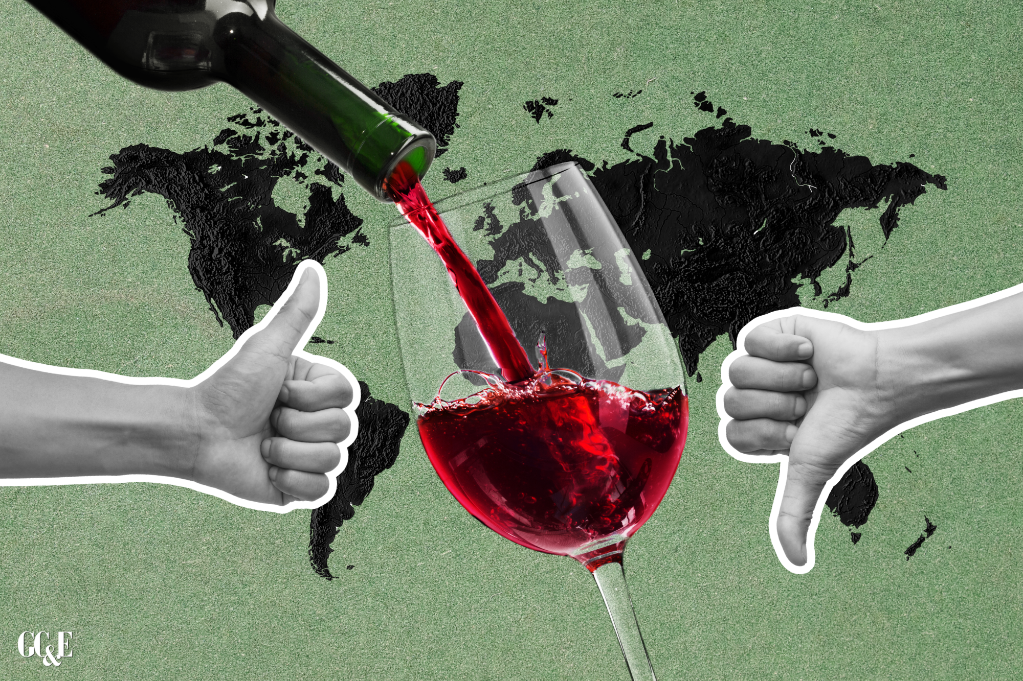 A world map in black on a green background with a wine bottle pouring red wine into a glass shaped like a heart, two hands giving thumbs up on either side.