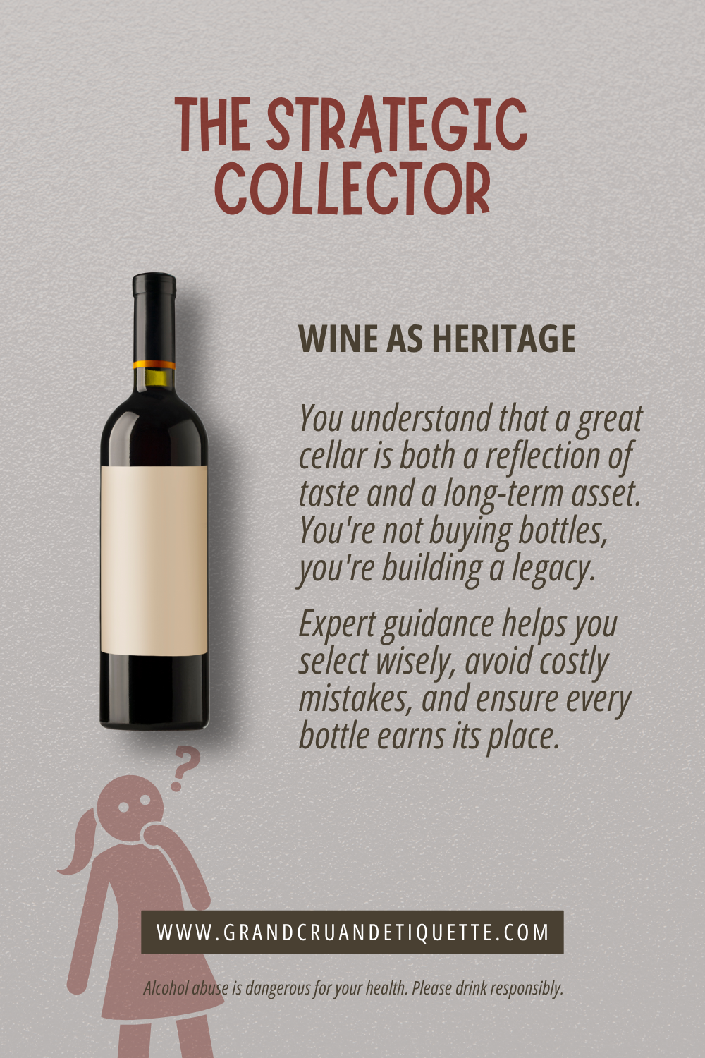 Poster titled "The Strategic Collector" about wine as heritage, featuring an image of a wine bottle and a cartoon girl with a question mark above her head, and a website link www.grandcruandetiquette.com.