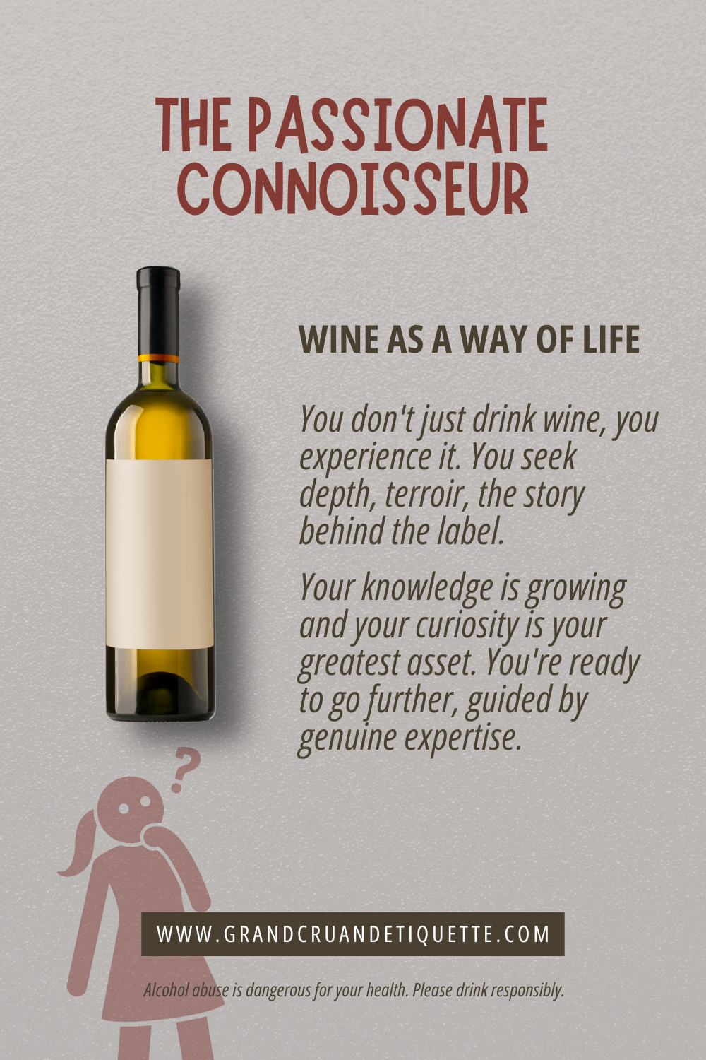Poster with a wine bottle and a girl with a question mark above her head, promoting responsible wine consumption.