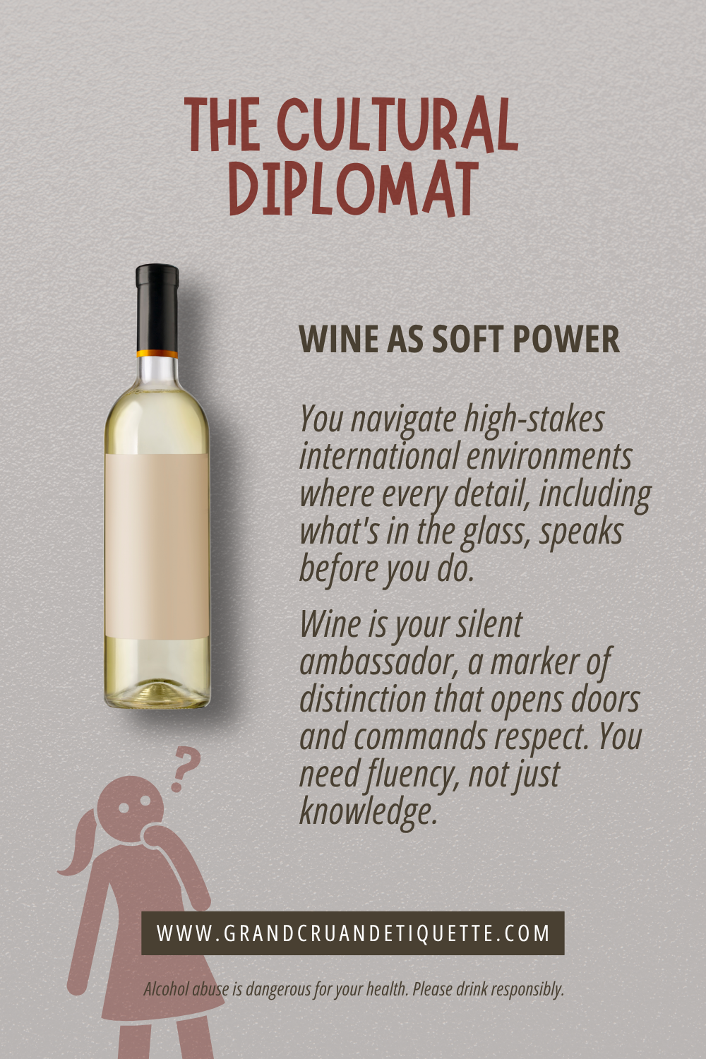 Poster titled 'The Cultural Diplomat' with a bottle of white wine, a stylized illustration of a woman with a questioning expression, and text emphasizing the significance of wine in international diplomacy and respectful conduct.
