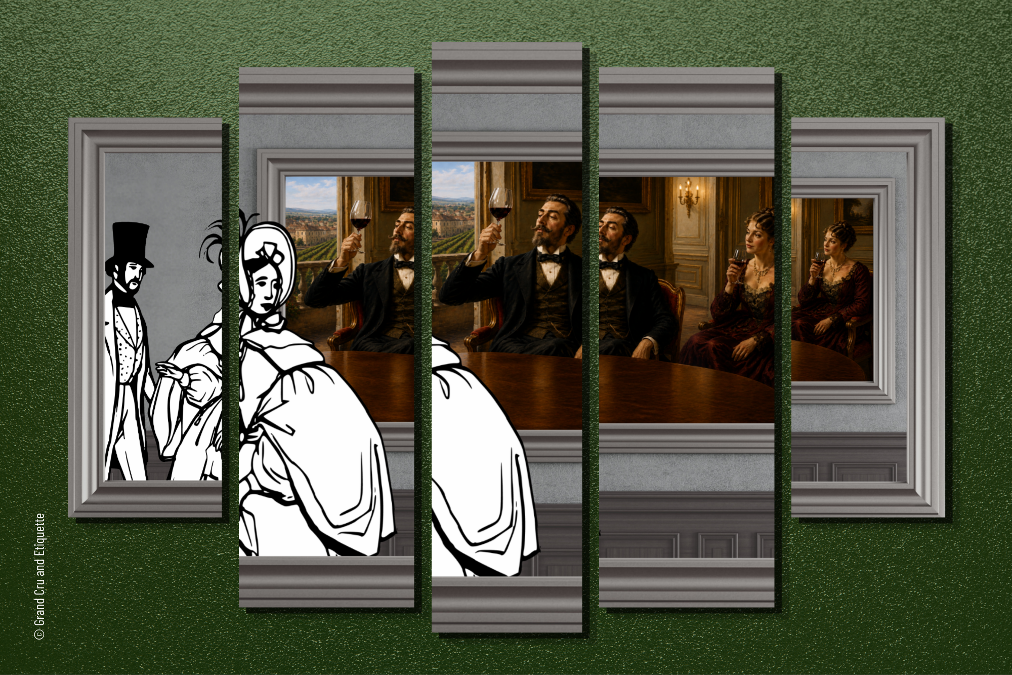 A multi-panel artwork showing a classic painting of a man and woman sitting at a table with wine, combined with sketches and cutouts of the same figures in black and white.