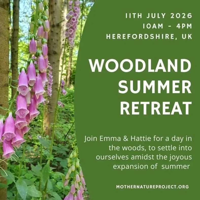 Flyer for Woodland Summer Retreat with purple foxglove flowers on the left and green background with white text providing event details.