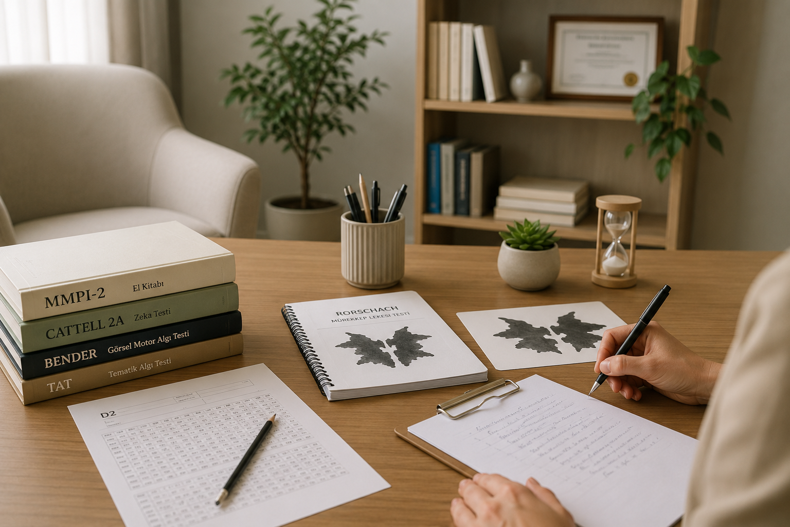 Psikolojik değerlendirme ve test uygulamalarını temsil eden profesyonel terapi ofisi ve değerlendirme materyalleri