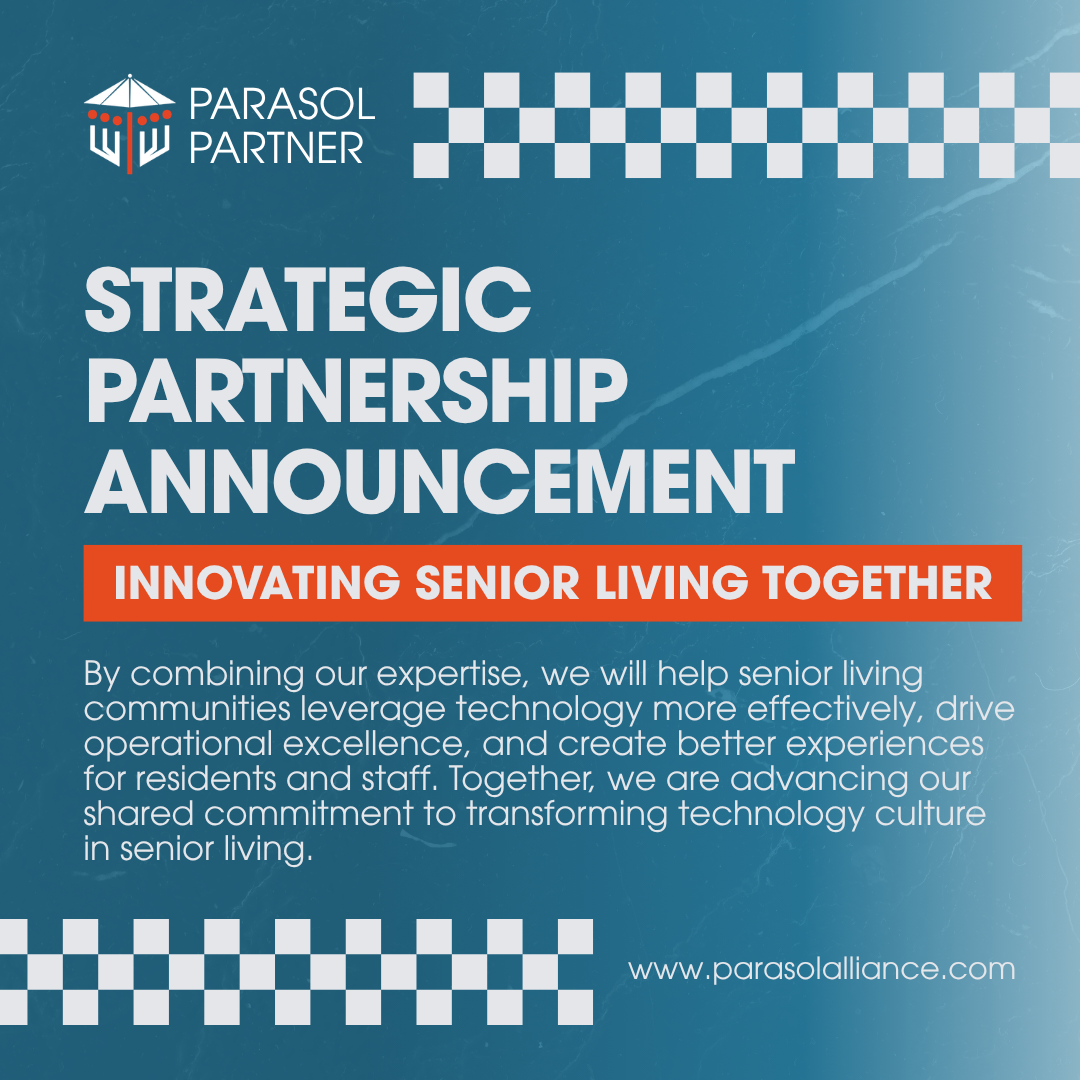 A digital graphic announcing a strategic partnership focused on senior living innovation, with logos, text, and checkered design elements.