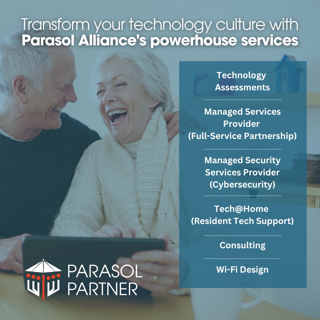 A promotional image for Parasol Alliance's technology services showing a joyful elderly couple looking at a tablet. The text highlights various services including technology assessments, security, consulting, and Wi-Fi design, with the company's logo in the bottom left corner.