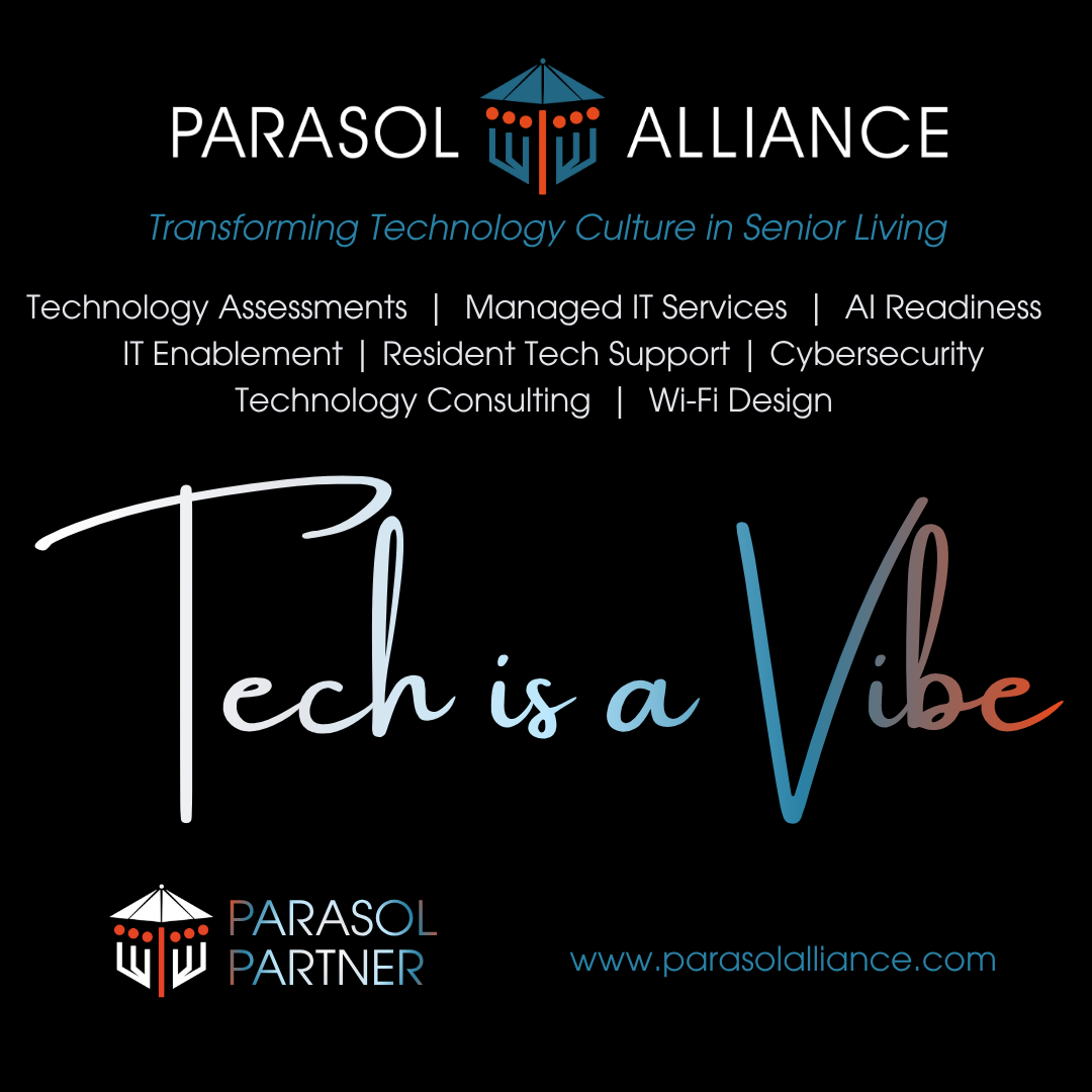 A promotional graphic for Parasol Alliance with the slogan 'Tech is a Vibe.' It features their services like technology assessments, managed IT services, AI readiness, IT enablement, resident tech support, cybersecurity, technology consulting, and Wi-Fi design. The logo includes an umbrella symbol, and the website URL is www.parasolalliance.com.