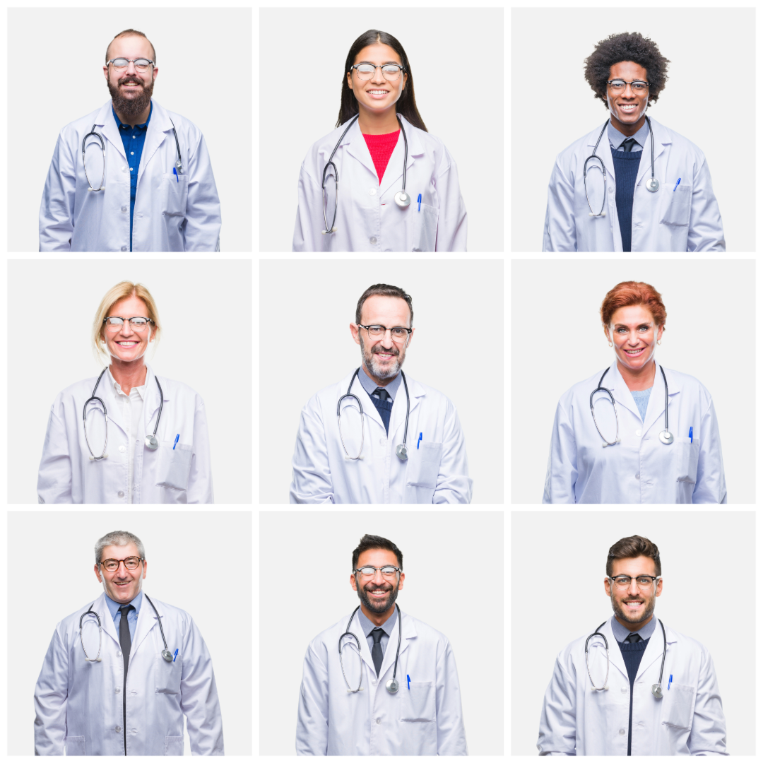 A three by three grid of doctors smiling at the camera.