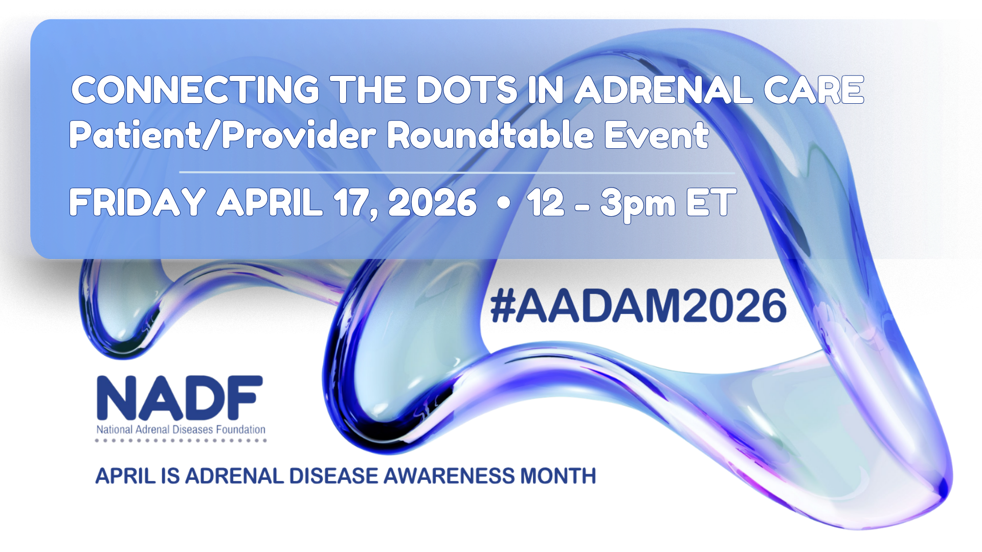 Connecting the Dots in Adrenal Care: Patient/Provider Roundtable Event. Friday April 17, 2026. 12-3pm ET. #AADAM2026 April is Adrenal Disease Awareness Month. NADF National Adrenal Diseases Foundation.