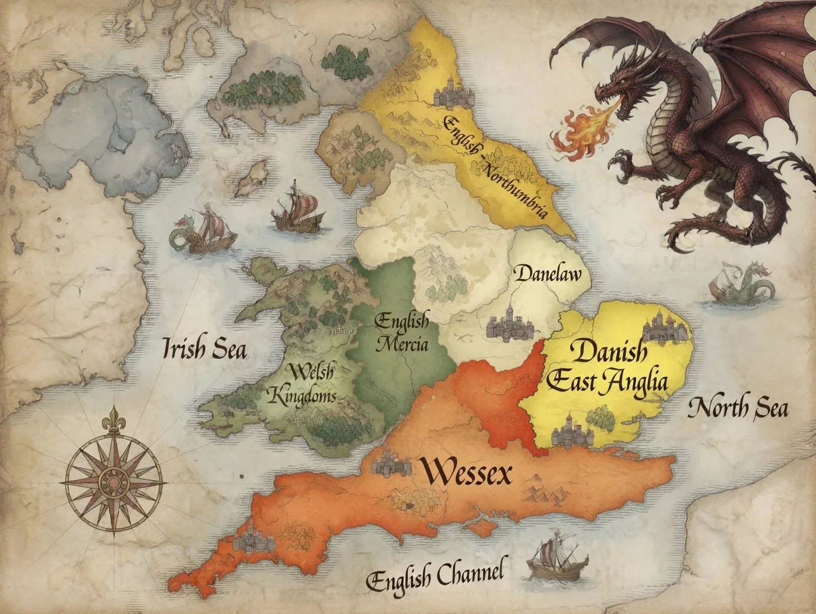 An illustration of England during the Anglo-Saxon and Viking era, showing the various kingdoms, territories and seas, with a large fire-breathing dragon bearing down on the island