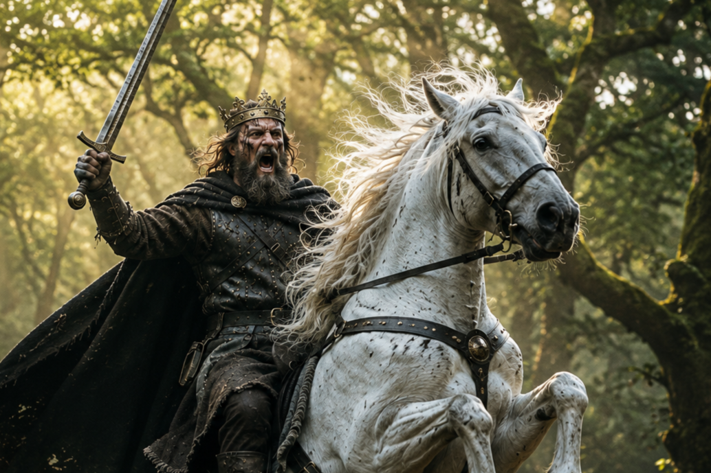 King Alfred the Great, anglo-saxon warrior, wearing a crown and dark cloak, riding a white horse in a forest. He is holding a sword aloft with an intense, shouting expression.