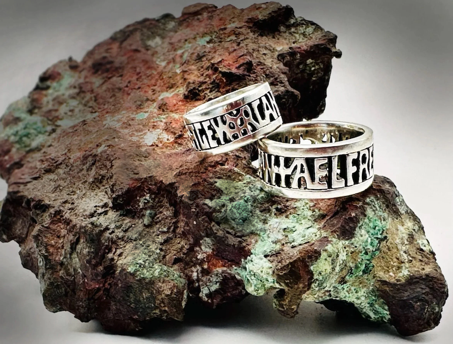 Two handmade sterling silver King Alfred the Great rings inspired by the Alfred Jewel, Anglo-Saxon and Viking era, on tin ore