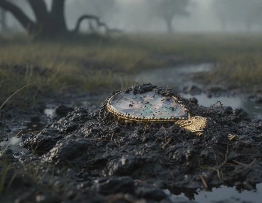 Imagined scene of the Alfred Jewel, the aestel commissioned by King Alfred the Great, lying lost in the marshlands awaiting discovery