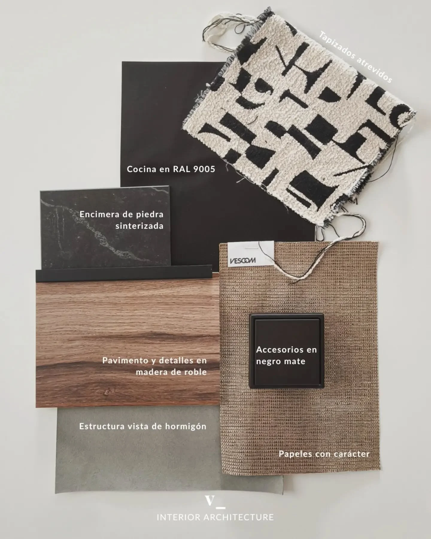 Moodboards reales_
Tocar las texturas, ver c&oacute;mo reacciona la luz sobre cada material, combinar y descartar. 

Una pantalla no te dice si una madera es demasiado c&aacute;lida, si un lacado tiene demasiado brillo, si un papel tiene la textura q