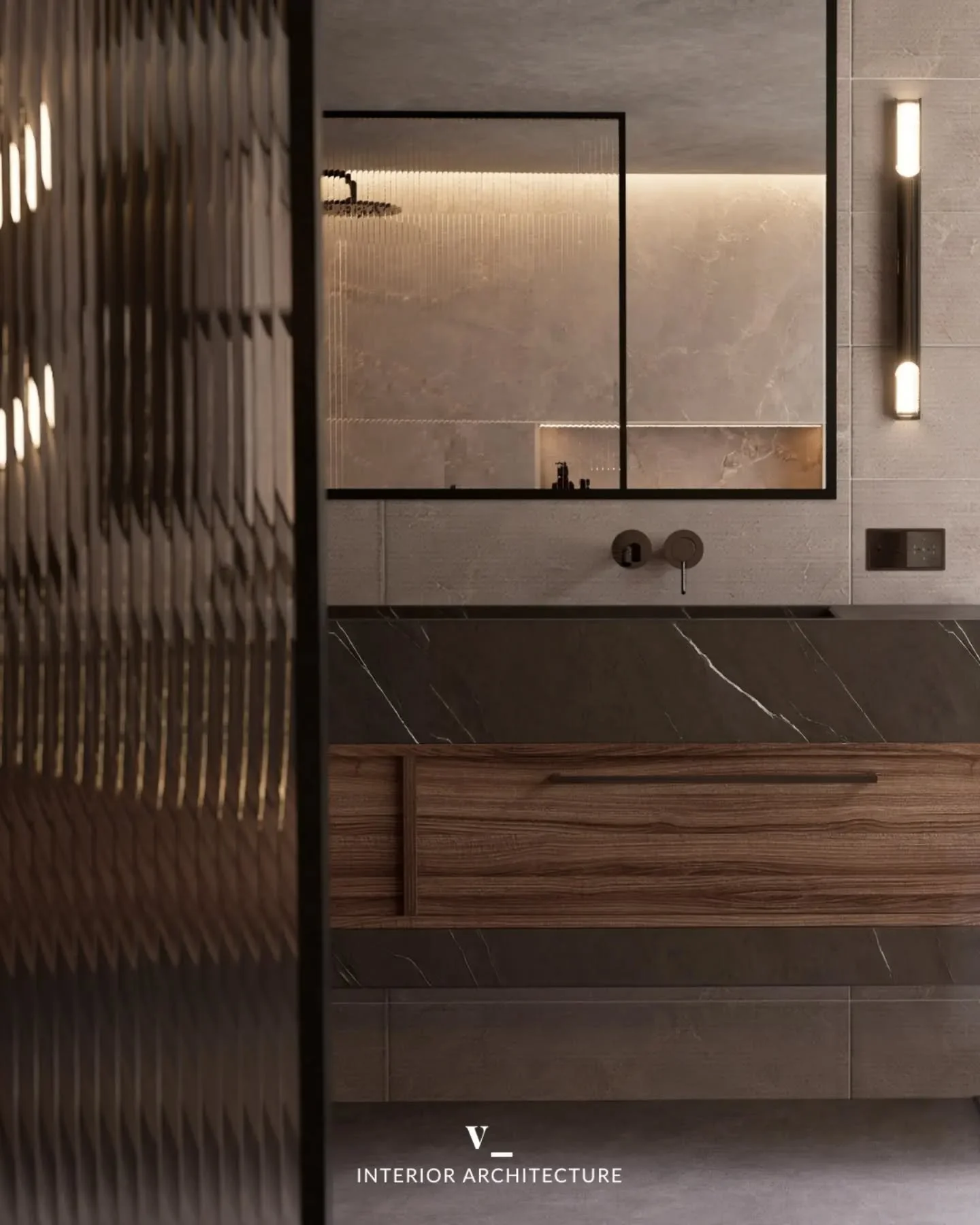 Elegancia p&eacute;trea_

Entre proyectos, me encanta explorar combinaciones de materiales, estilos y sensaciones en diferentes espacios.
En este render, el nogal y el m&aacute;rmol, junto con los detalles en bronce cepillado, crean un ba&ntilde;o re