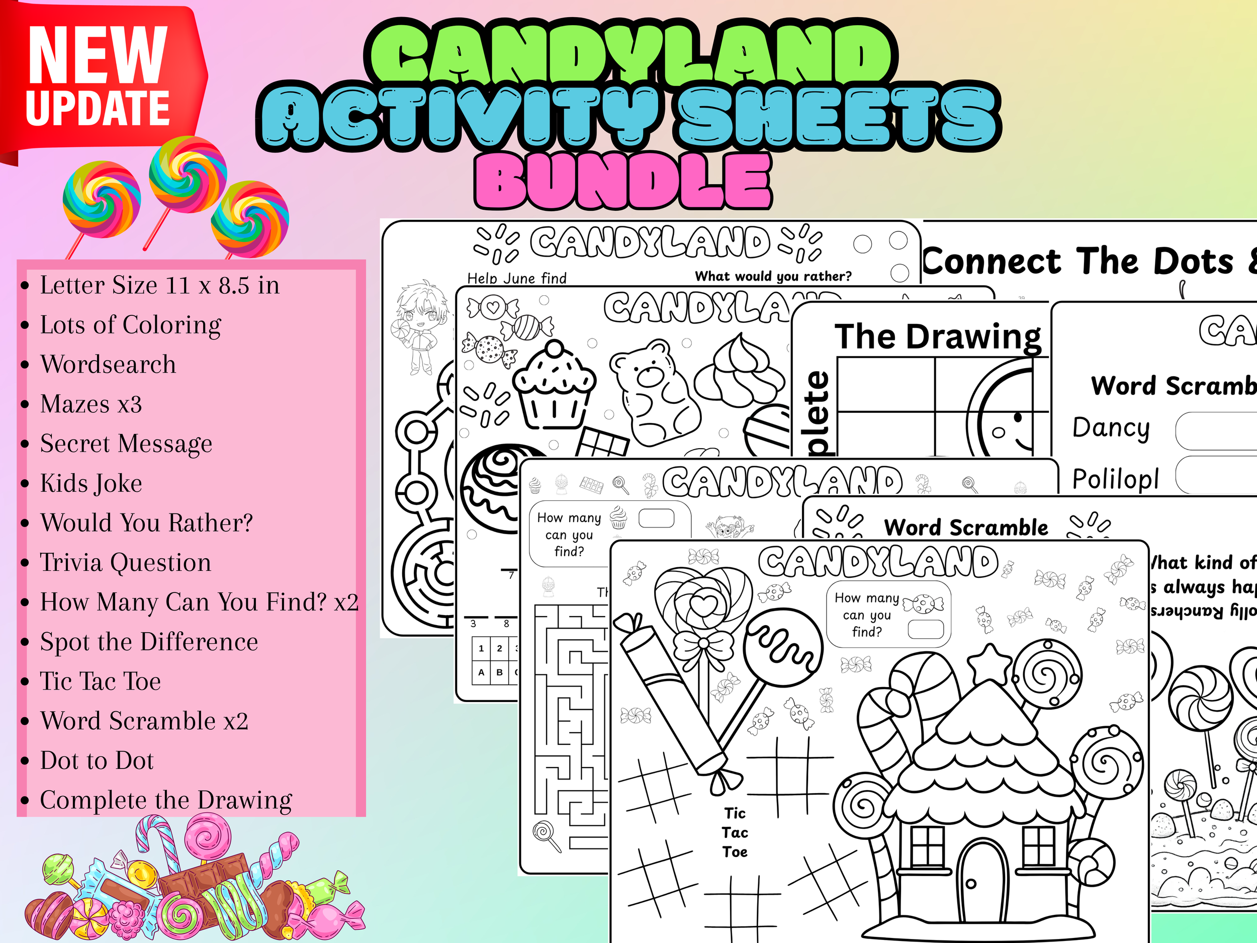 Candyland Activity Sheets: Kids Printable Games & Coloring (Digital Download) Print and Tablet Friendly