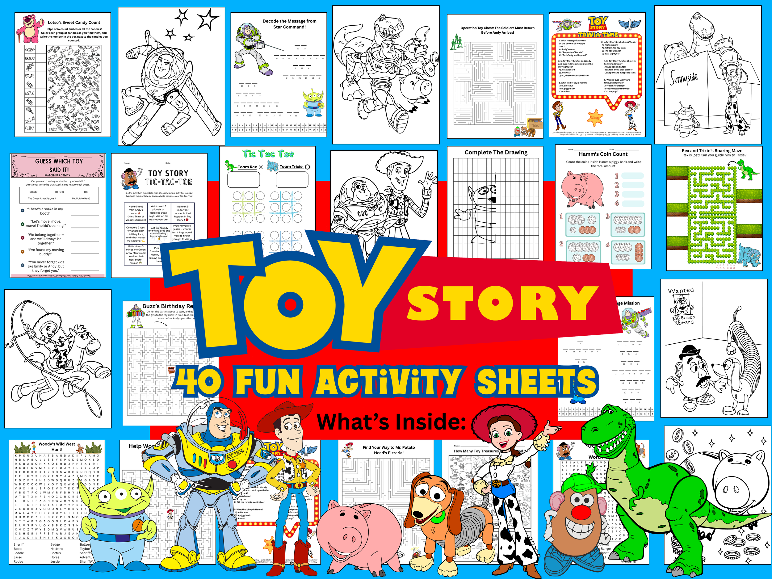 Toy Story Printable Activity Sheets – 40 Pages of Puzzles & Coloring (Digital Download) Print and Tablet Friendly